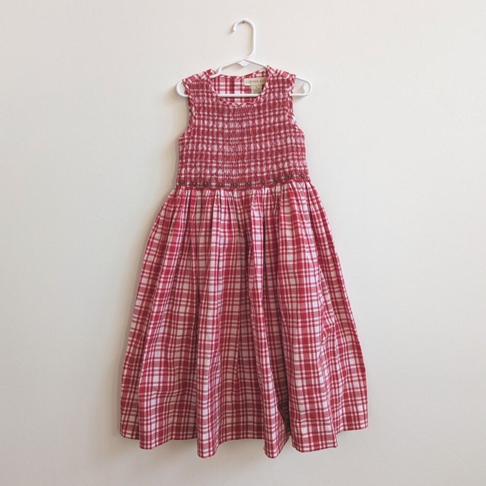 Vtg Copper Key Dress Girls 5 Red Gingham Smocked Sleeveless Party